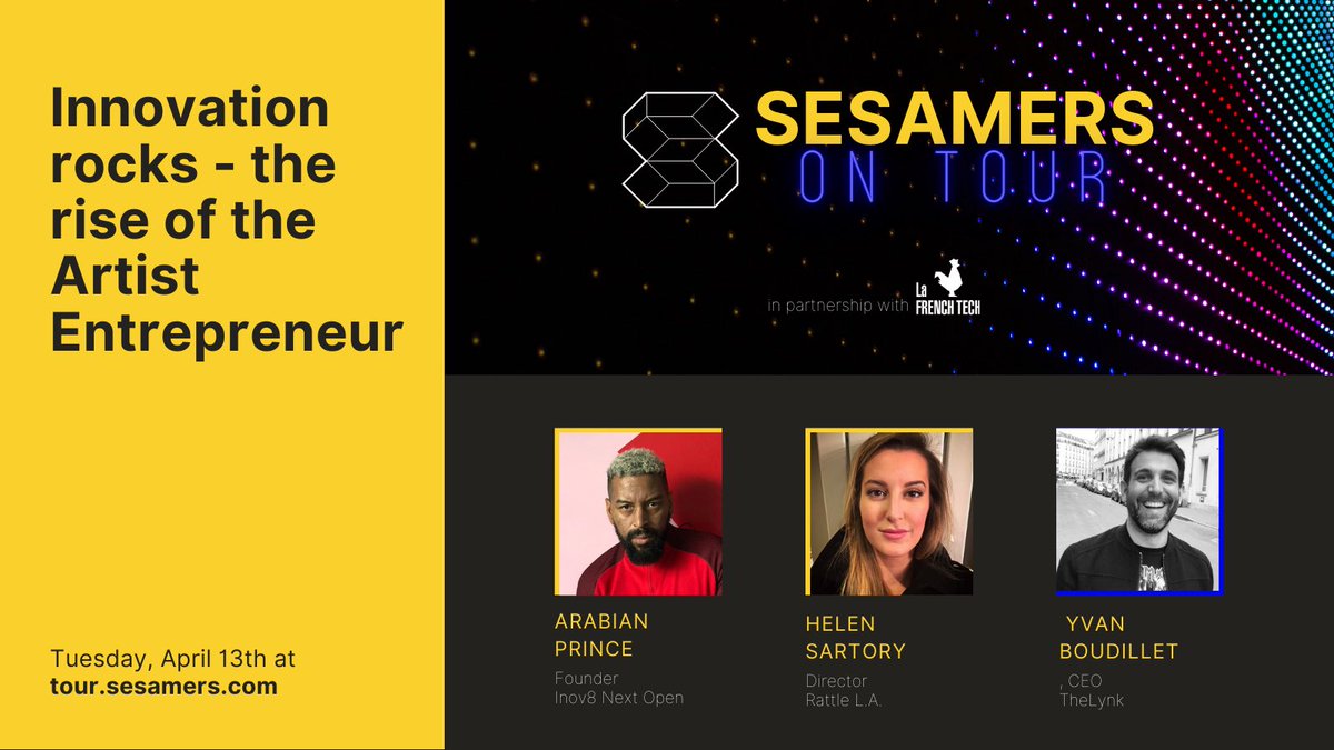 On April 13th <a href="/Sesamers/">Sesamers</a> On Tour will hit the road virtually. I am thrilled to host a captivating conversation with <a href="/wearetherattle/">The Rattle</a>'s Helen Sartory &amp; <a href="/OGArabianPrince/">Arabian Prince(NWA)</a> (N.W.A.) about the rise of the Artist Entrepreneur. Register 👉🏼 ti.to/sesamers/tour-… #SesamersonTour #MusicBiz