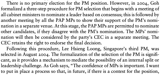 She reminds us how Goh Chok Tong, the previous PM, instituted a 3-step procedure for selecting the next PM. (1) Cabinet nominate leader by consensus, (2) PAP MPs show support or nominate alternative leader, (3) PAP CEC has veto power.