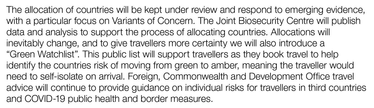 Allocations of countries “will be kept under review”.A key focus on “variants of concern”.The Joint Biosecurity Centre will publish “data and analysis to support the process of allocation countries”.Will be interesting to take a look at this when published!/7