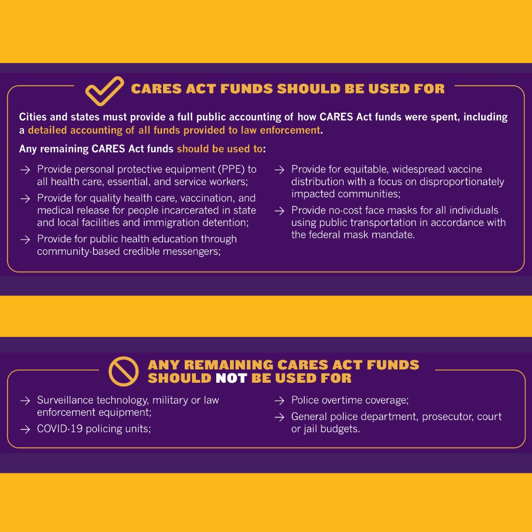 One last thing: many cities like Chicago poured CARES Act $ into cops instead of communities & some still have $ left over. CARES funds should go to care & voluntary vaccination for incarcerated people  #FreeThemAllforPublicHealth & PPE for transportation mask mandate NOT cops