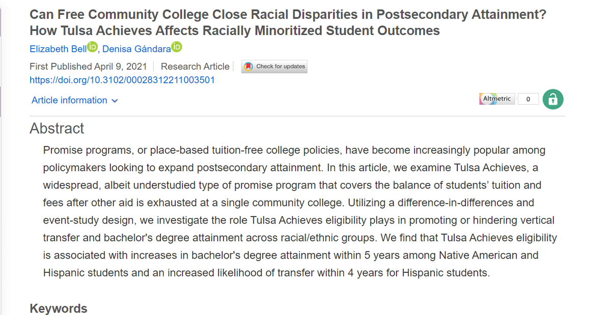 Can #FreeCommunityCollege close racial disparities? @GandaraDenisa & I find Tulsa Achieves had positive effects on bachelor's degree completion for Hispanic and Native American students. For more:🧵👇 @FreeCollegeNow @AERA_EdResearch 
bit.ly/31ZTQ9v