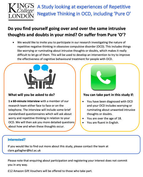 (1/2) <a href="/Kingspsychol/">KCL Psychology</a> are running a research project investigating the nature of repetitive negative thinking in #OCD for an MSc project. Taking part would involve a 60 min interview on Microsoft Teams. If you are interested in taking part, please contact clare.gallagher@kcl.ac.uk