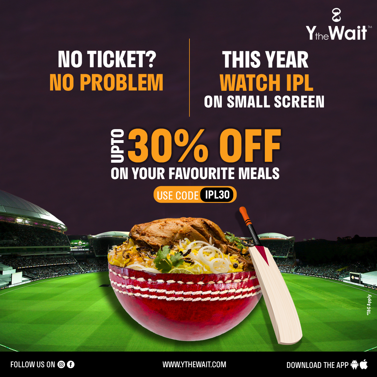 YTheWait's tweet photo. Can't go out? No problem! This year binge-watch #IPL at home and grab 30% OFF on your favorite #meals using code IPL30. Order now!

#ythewait #ythewaitipl #order #food #orderonline #ipl2021 #enjoy #homedelivery #fooddelivery #takeaway #foodapp #discount #promocode https://t.co/a5s5AbEb2E