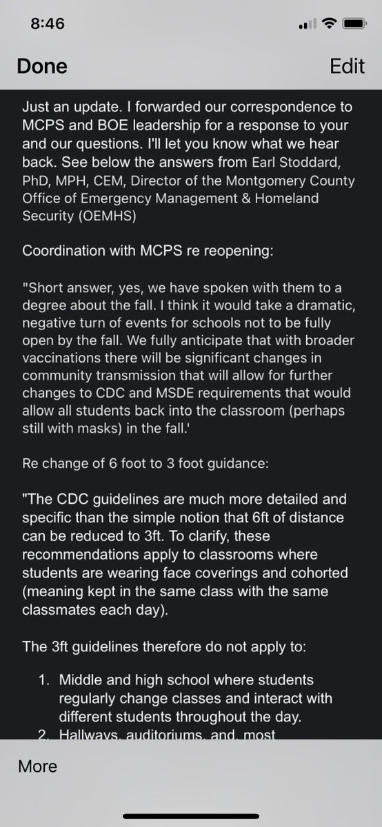 3/ Unfortunately, this misunderstanding has spread to our council members and even  @MoCoDHHS . A council member's staff has also shared in correspondence that MS and HS cannot go to 3 feet unless in cohorts.  @Jill4allMoCo  @CmHucker  @willjawando  @hansriemer  @Marc_Elrich  @mocoboe