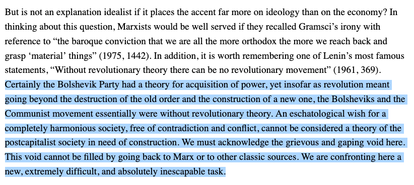 Read him more closely, I guess?He's clear on the need to stop going "Back to Marx" and "Back to Lenin" in our formulations of future strategy, on pure economy over ideology (e.g. White Supremacist, Patriarchal ideology). https://twitter.com/khrachvik/status/1380501804048322560