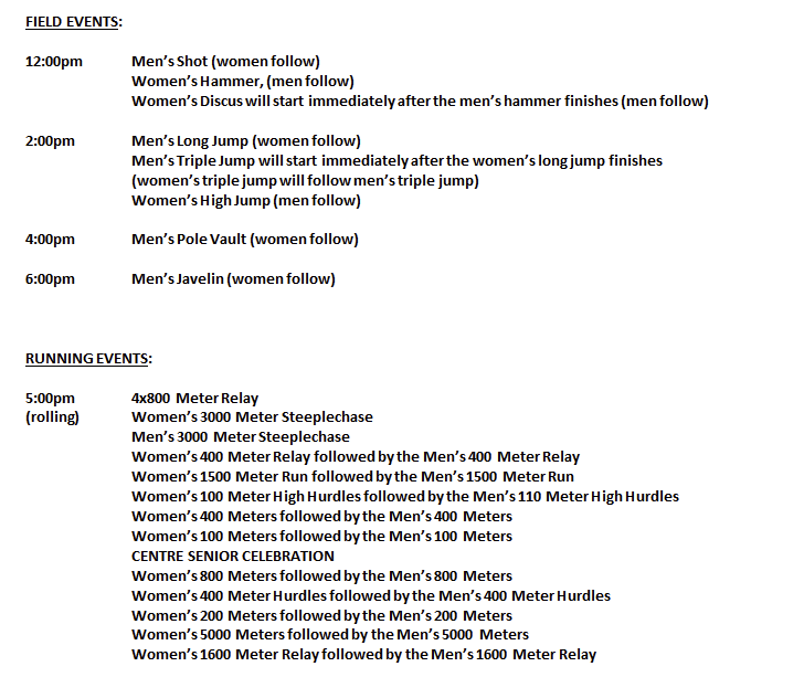 CentreAthletics's tweet photo. 🎽 | The Centre track &amp; field teams are back at home as they wrap up their regular season with the Twilight Meet!

⏰ 12 PM (Full schedule attached / Stream starts at 2 PM)
📍 Farris Stadium
🖥️ https://t.co/WiEnab7w9a

#GoldRush https://t.co/OtIsIV3qZK