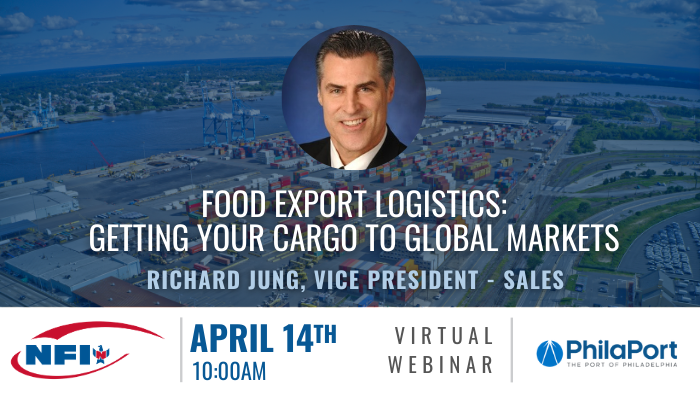 NFIindustries's tweet photo. Richard Jung, VP of Sales, Port Drayage and Transload at NFI, will speak on a panel at “The Logistics of Food: Getting Your Exports to Global Markets” event hosted by @PhilaPort and U.S. Commercial Services: https://t.co/JggDsfsbWI https://t.co/vCGWRBXV3y