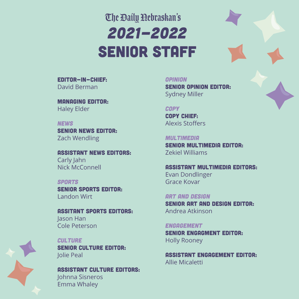 DailyNeb's tweet photo. We are pleased to announce The Daily Nebraskan's 2021-2022 senior staff! 🎉 https://t.co/w16jKiwp5r