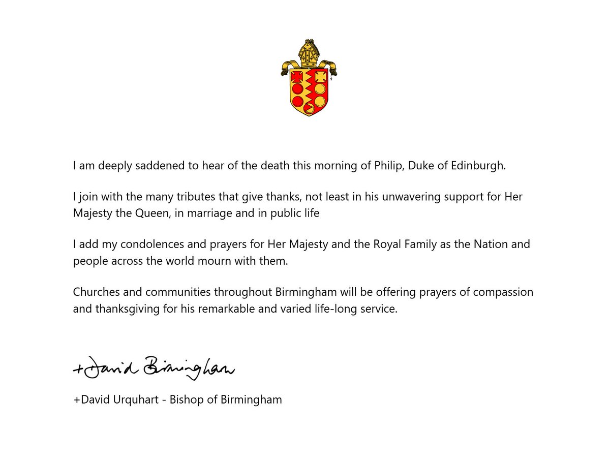 +David Urquhart, Bishop of Birmingham, joins with churches and communities across Birmingham, as the sad news is shared by Buckingham Palace, of the death of the Duke of Edinburgh: