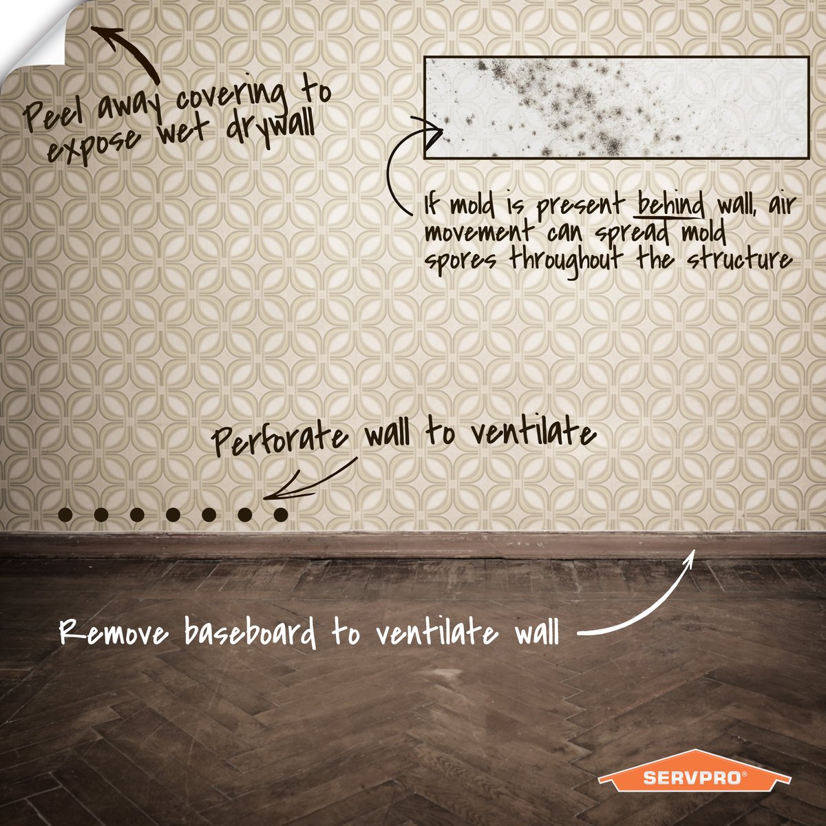 When walls are wet, wallpaper acts as a vapor barrier and restricts our ability to dry it. Special drying measures may be needed when this barrier is present.
#onespartanburg #waterdamage