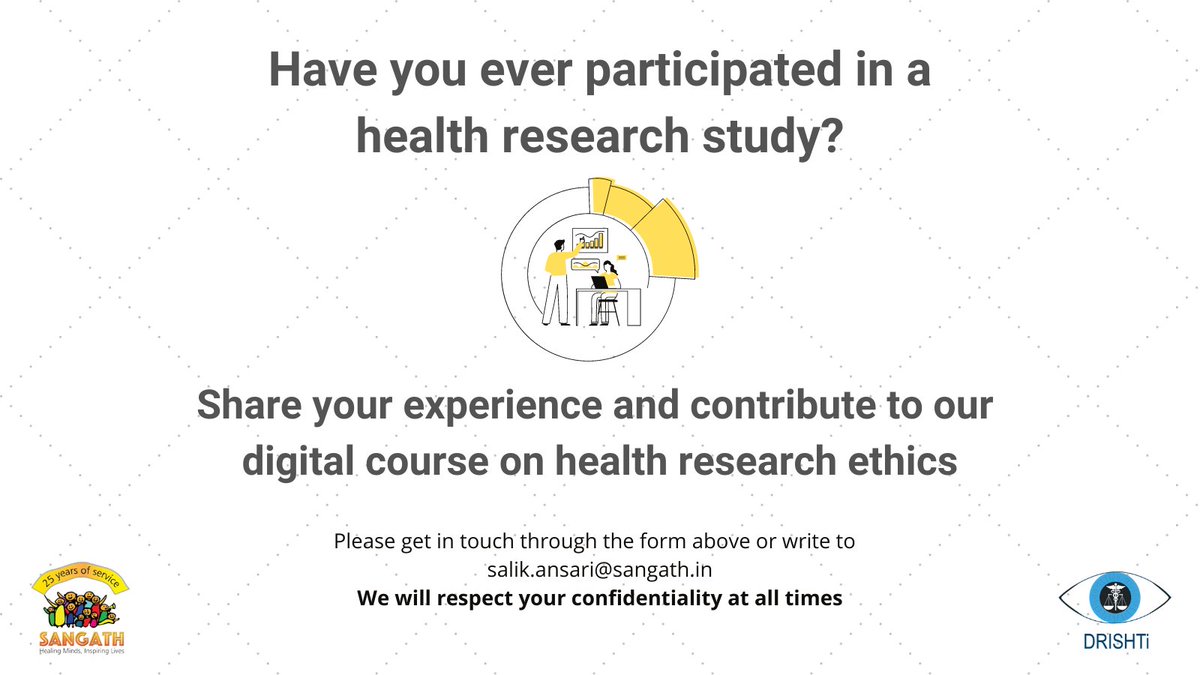 Sangath (@sangathindia) on Twitter photo We are looking for individuals who have participated in a health research study to share their experiences with us.
Please reach out to us using this form: forms.office.com/r/nmRN3riu2g
<a href="/AnantBhan/">Anant Bhan</a> <a href="/drharikeerthan/">Harikeerthan Raghuram (he/him) 🏳️🌈</a> <a href="/abhiloquacious/">abhijit nadkarni</a> <a href="/SalikAnsari1993/">Salik Ansari</a> We are looking for individuals who have participated in a health research study to share their experiences with us.
Please reach out to us using this form: forms.office.com/r/nmRN3riu2g
<a href="/AnantBhan/">Anant Bhan</a> <a href="/drharikeerthan/">Harikeerthan Raghuram (he/him) 🏳️🌈</a> <a href="/abhiloquacious/">abhijit nadkarni</a> <a href="/SalikAnsari1993/">Salik Ansari</a>