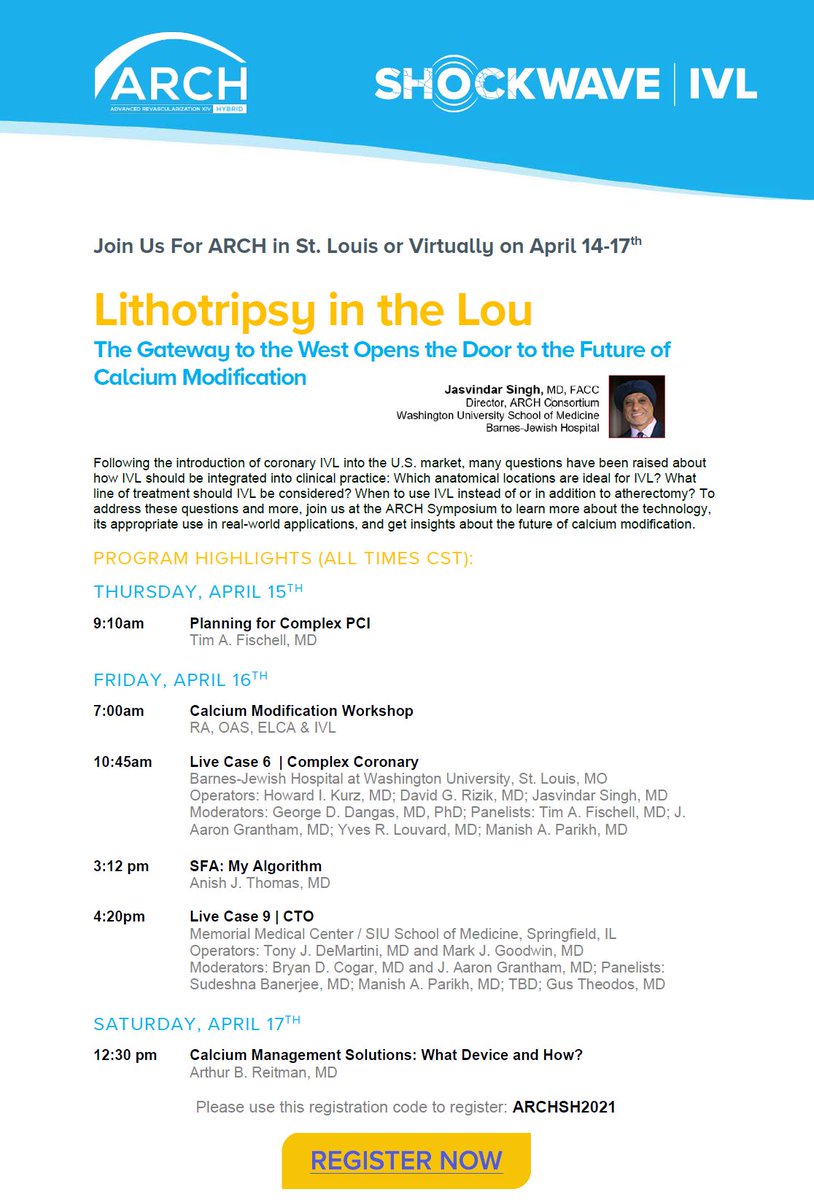 Don’t miss #ARCH2021 next week for 3 action-packed days of Lithotripsy in the Lou! 
archsymposium.com/april-16th-gen… 

ISI bit.ly/3rnUXue  #CardioTwitter #ShockwaveIVL <a href="/ArchSymposium/">ARCH Symposium</a>