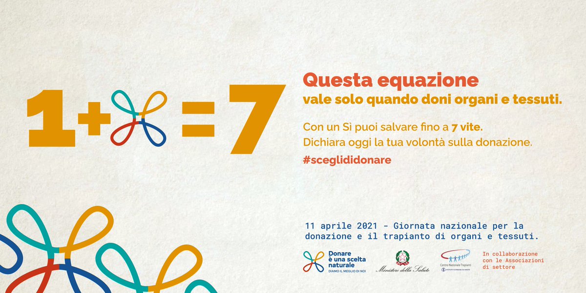 In occasione della 24a edizione della Giornata nazionale per la donazione di organi e tessuti ricordiamo la formula del dono 1+x=7. Con un semplice “sì” possiamo salvare fino a 7 vite. Dichiara il tuo consenso alla #donazione 👉🏻 bit.ly/Diventa-Donato… #sceglididonare