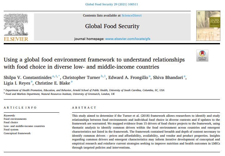 PUBLICATION📢from @NRInstitute's @ChrisTurner___ Using a global #food environment framework to understand relationships with food choice in diverse LMICs. @digjam23 @Shivabhandari08 @LReyesCA @ceblakeRD @DFC_Program #FoodEnvironment #DriversofFoodChoice @ElsevierConnect