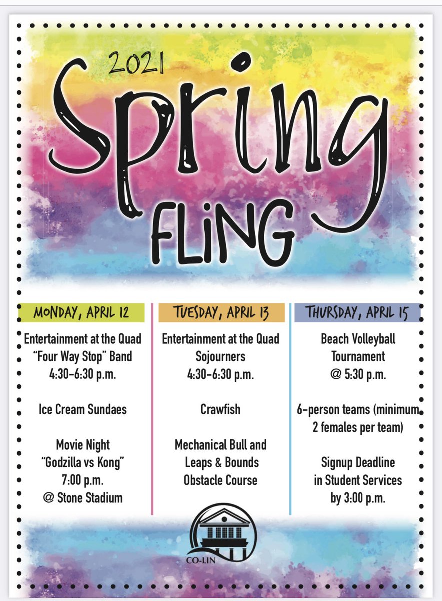 CoLinResLife's tweet photo. Spring Fling schedule!  @CopiahLincolnCC @colinbluewave @colinathletics @CoLinRecruiter https://t.co/7j3EavaUCH