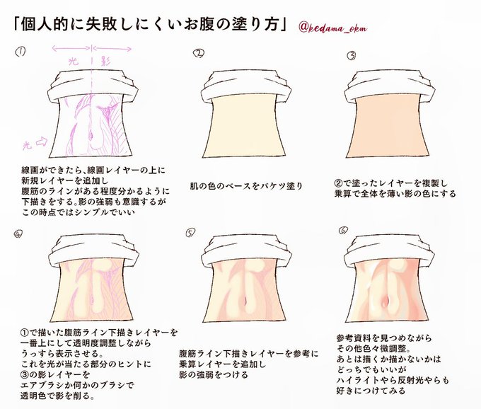 「個人的に失敗しにくいお腹(女の子)の塗り方」について。色々試行錯誤してみたのですが、個人的にはこれが一番やりやすい気がします
#イラスト 
#創作 
#オリジナル 