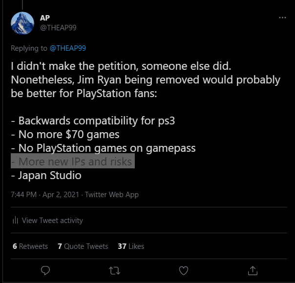 THEAP99's tweet photo. Having a variety of games is important now more than ever. 2-3 big AAA a year ain't gonna cut it anymore unless they get more studios. 

Also, I swear, if Naughty Dog ain't working on a new IP and it's truly justU5 and TLOUR, I am gonna be pissed.

#FireRyan #FireHulst #TakeRisks https://t.co/aGgWVumED2