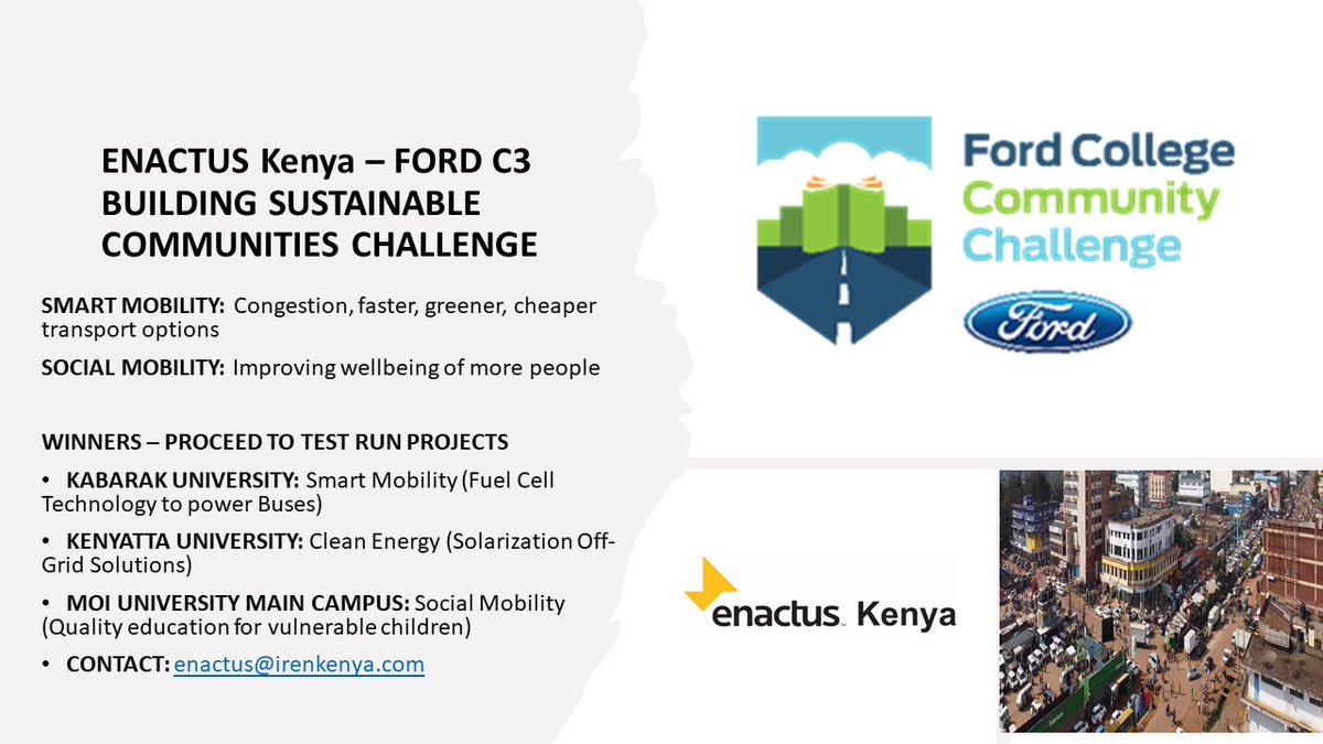EnactusKenya's tweet photo. Congratulations to our 3 teams @Enactus_Kabarak @enactusKU_  @MoiMain proceeding to test run their smart mobility and social mobility projects powered by FORD Motor Fund
👏👏👏👏👏👏👏👏👏 https://t.co/BfOaeUxsoi