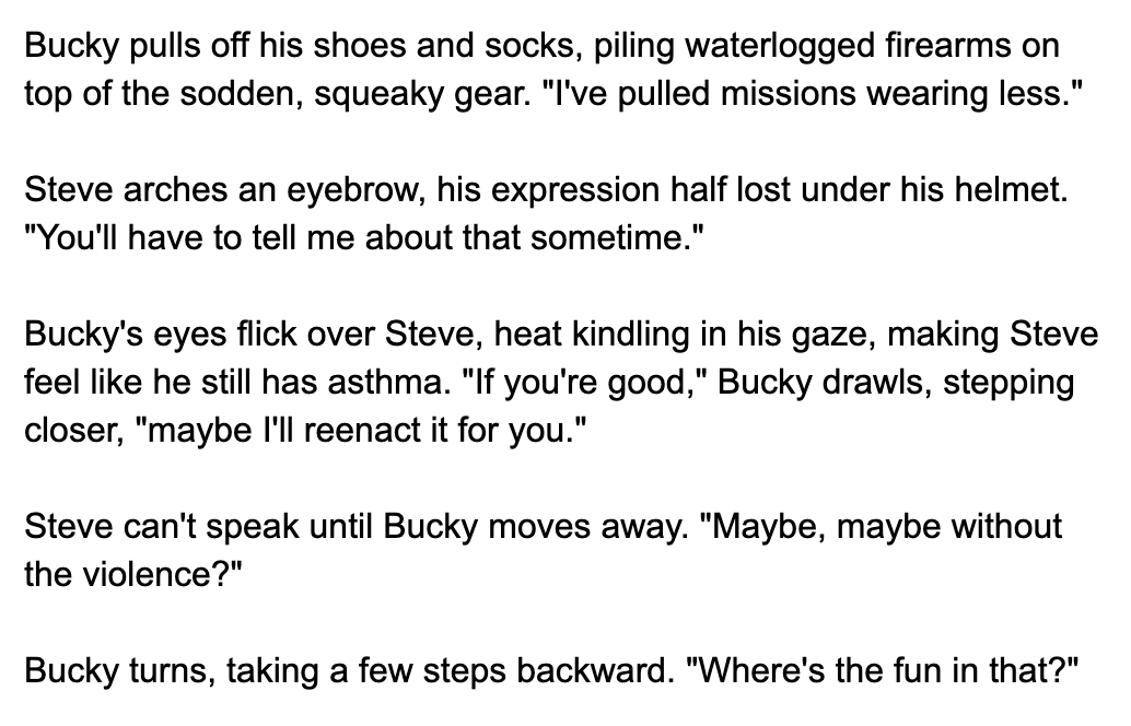 From  @apblaidd "stucky, penthouse, wet"I immediately knew the context of this one, though it took me awhile to figure wtf they were doing. Canon Divergent Post-TWS feels right.