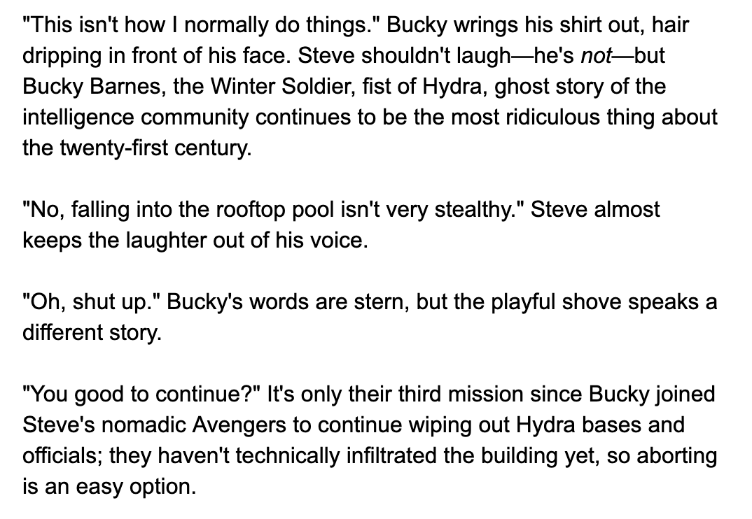 From  @apblaidd "stucky, penthouse, wet"I immediately knew the context of this one, though it took me awhile to figure wtf they were doing. Canon Divergent Post-TWS feels right.