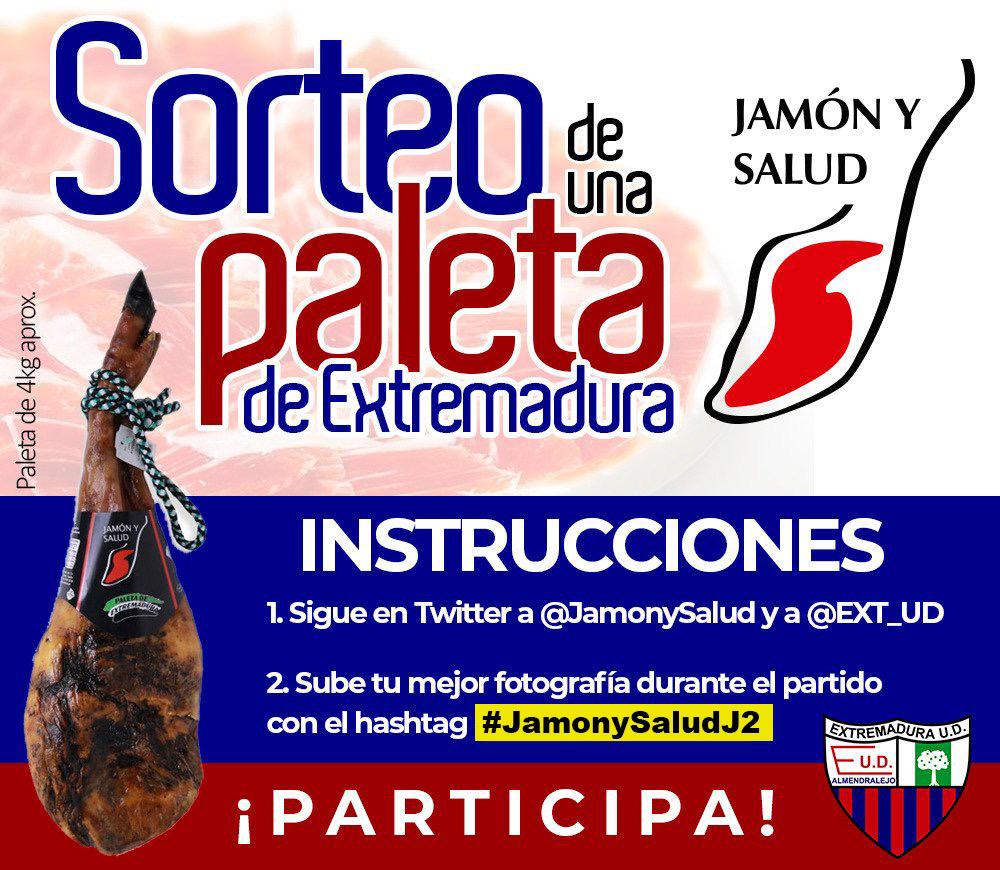 ¡Vuelven los sorteos de Jamón y Salud!

¿Quieres una paleta de Extremadura?

☝🏾 Sigue a <a href="/Jamonysalud/">Jamon y Salud</a> y <a href="/ext_ud/">Extremadura UD</a>
✌🏾 Sube una foto disfrutando del partido usando #JamonySaludJ2