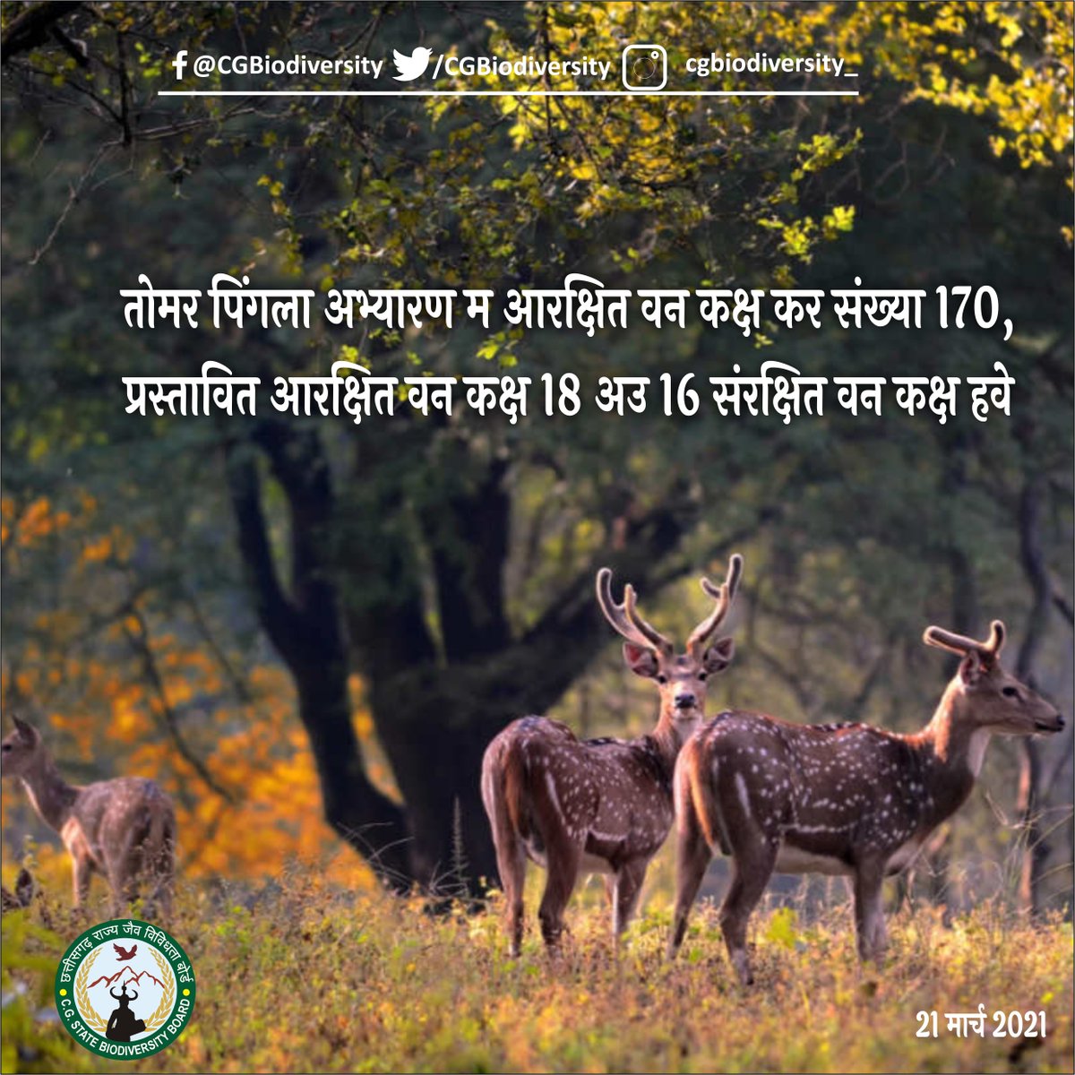 CGBiodiversity's tweet photo. Message of the Day!
तमोर पिंगला अभ्यारण में आरक्षित वन कक्षों की संख्या 170,प्रस्तावित आरक्षित वन कक्ष 18 एवं 16 संरक्षित वन कक्ष हैं|
#Biodiversity2020 #CGSBB @CGBiodiversity @UNBiodiversity @UNDP_India @UNEP @UNFCCC @IFS_Officers @beingIFS @frlht @ChhattisgarhIFS https://t.co/Erw5E9miaj