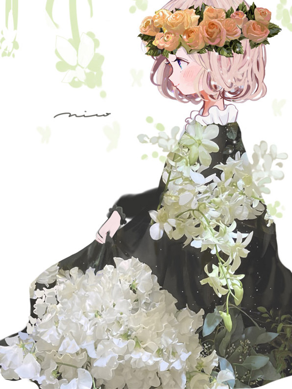 1girl solo flower dress long hair braid closed eyes  illustration images