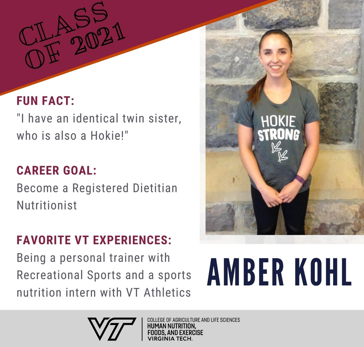 Our #VTHNFE Senior Spotlight this week is Amber Kohl!
#Hokiegrad #VirginiaTech #IamVTCALS
#vthnfestudents #dieteticsstudent #nutritionstudent #futuredietitian #nutrition #RDN #futureRDN