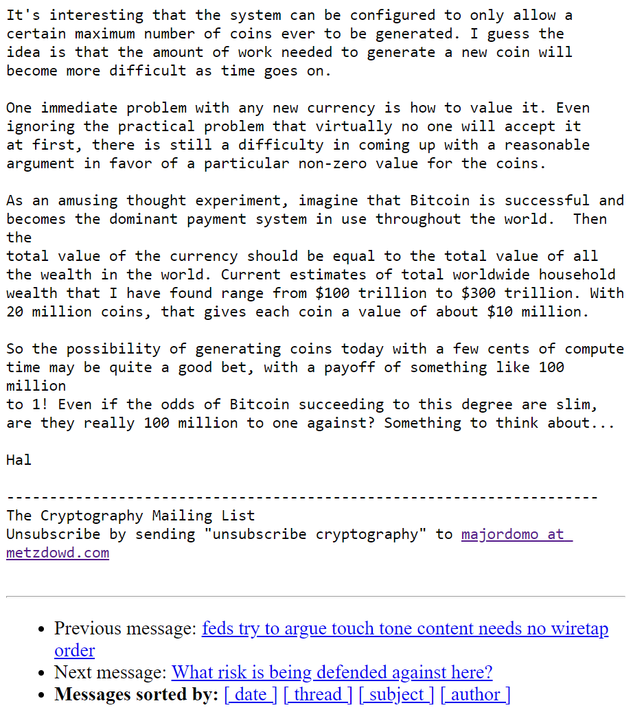 DocumentingBTC's tweet photo. Someone predicted the price #bitcoin reaching $10 million only a week after the network went online in 2009. That person was Hal Finney.

Something to think about . . . https://t.co/8FXzeY1C6j