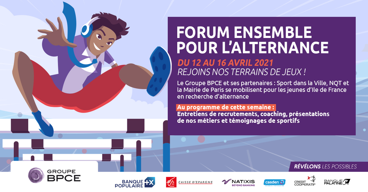 📢RDV à partir du 12/04 au grand #forum pour trouver une #alternance, mais aussi comprendre que l’univers du sport et de l’entreprise sont plus proches qu’il n’y parait #RévélonsLesPossibles #jobs <a href="/GroupeBPCE/">Groupe BPCE</a> <a href="/SeeKube/">Seekube</a> <a href="/SDLV_Officiel/">Sport dans la Ville</a> <a href="/NQTasso/">NQT</a> 
Inscriptions👉bit.ly/forumalternanc…