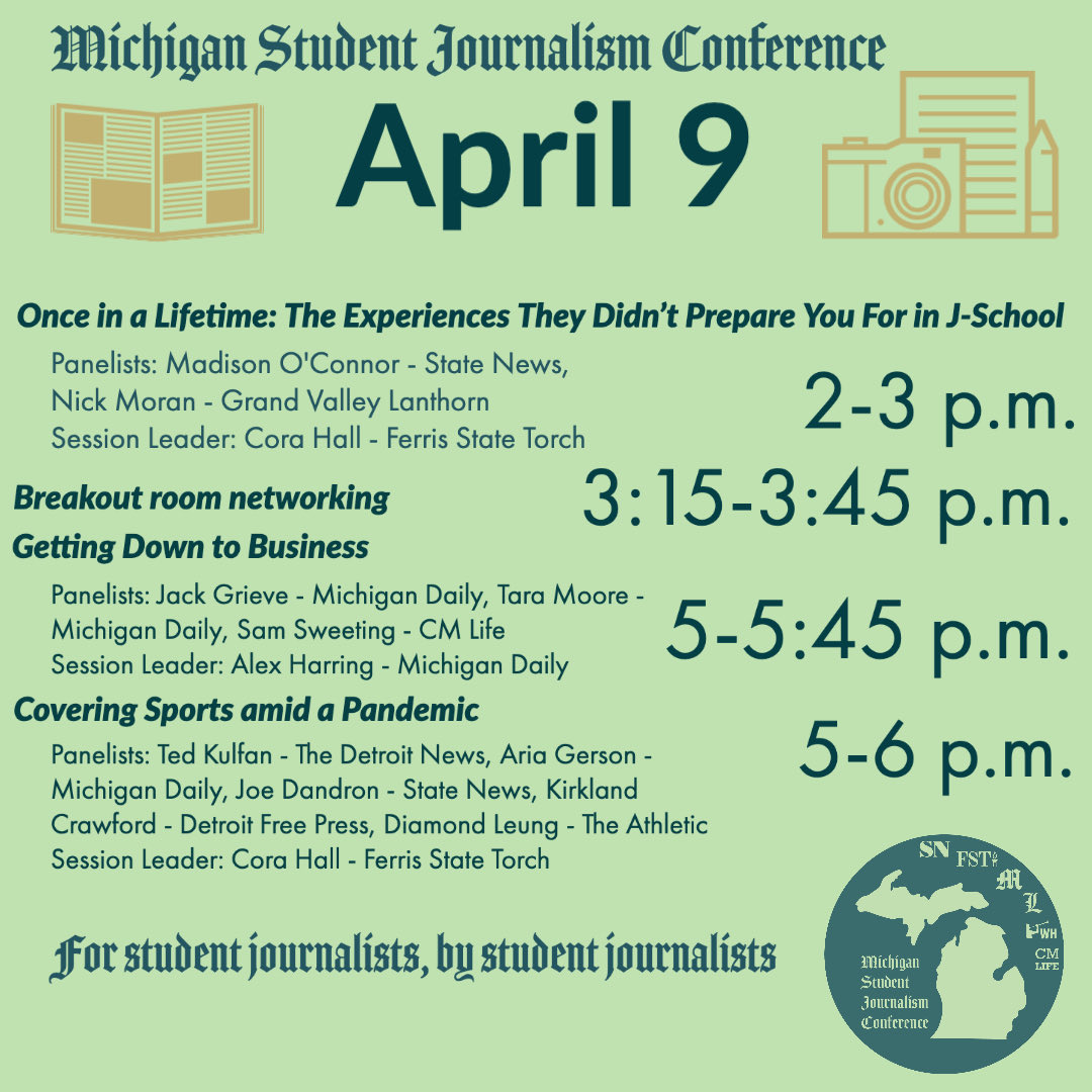 MSJC2021's tweet photo. The Michigan Student Journalism Conference starts at 2 p.m. TODAY! https://t.co/OgPiE5hsdP