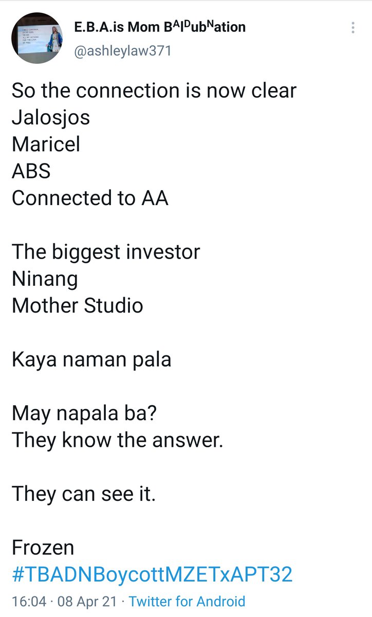  https://twitter.com/AxlLacey/status/1380187865091436549?s=19 I know that showbiz competition has always been stiff but the level of duplicity, machination & manipulation to break up the AlDub/Maichard team is unprecedented. You have to go through layers & layers of deals & counter-deals.  #TBADNBoycottMZETxAPT33