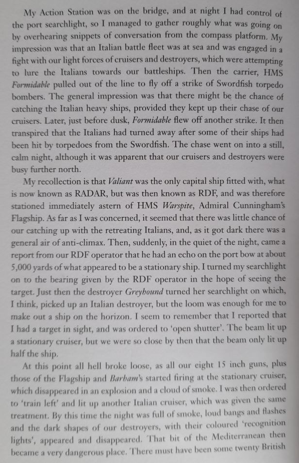 Philip’s role has been misdescribed recently, and sometimes exaggerated to commanding a 'battery' of searchlights and even being the person who ‘found’ the enemy fleet in the night action. Here is the Naval staff history, and Philip’s own words on his role.