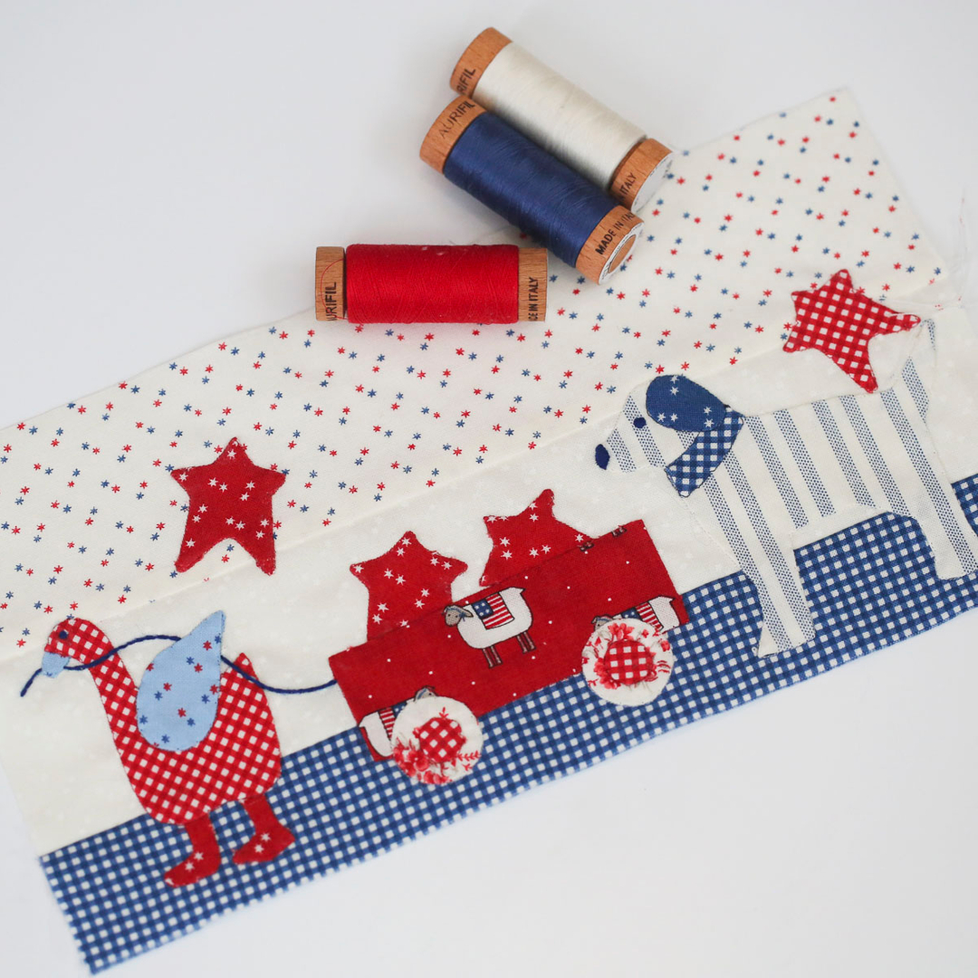 I think I’m a country girl at heart.  If I lived on a farm, I’d fill it with farm dogs and a goose for sure.  Then I’d parade down Main Street every year on the 4th of July!  Join me, it’s going to be so much fun! #prairiedays, #USAquilts, #patrioticquilts, #redwhiteblue,