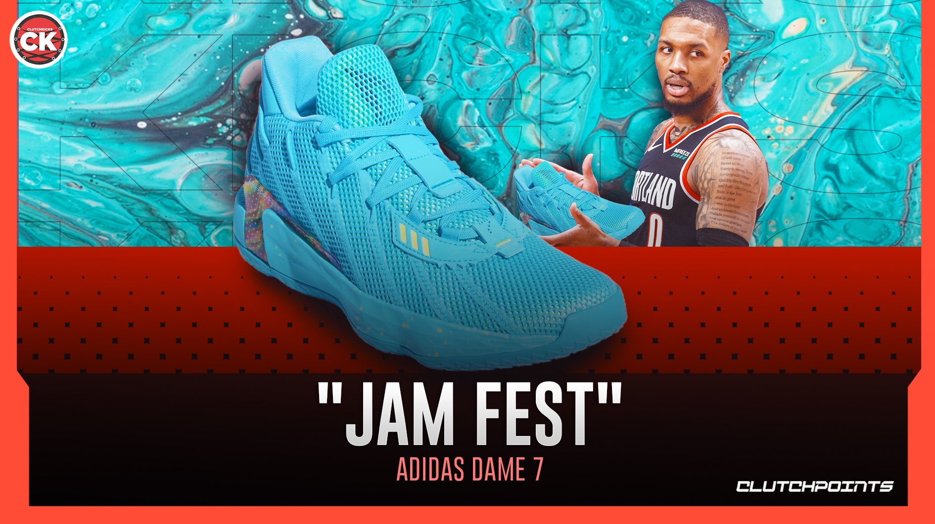 Twitter 上的Blazers Nation："Damian Lillard's 7th signature shoe with Adidas will be dressed turquoise 🔷 The "Jam edition of the Dame 7's will be released on 17 at $110
