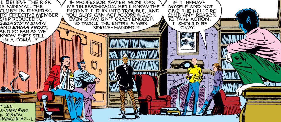 Returning the the mansion, Ororo listens in to Kitty's plan to safely escort Doug to the Massachusetts Academy.While her earlier moments in the issue centered her young age, her speech before the team centers her maturity and a fledgling adeptness at strategy.