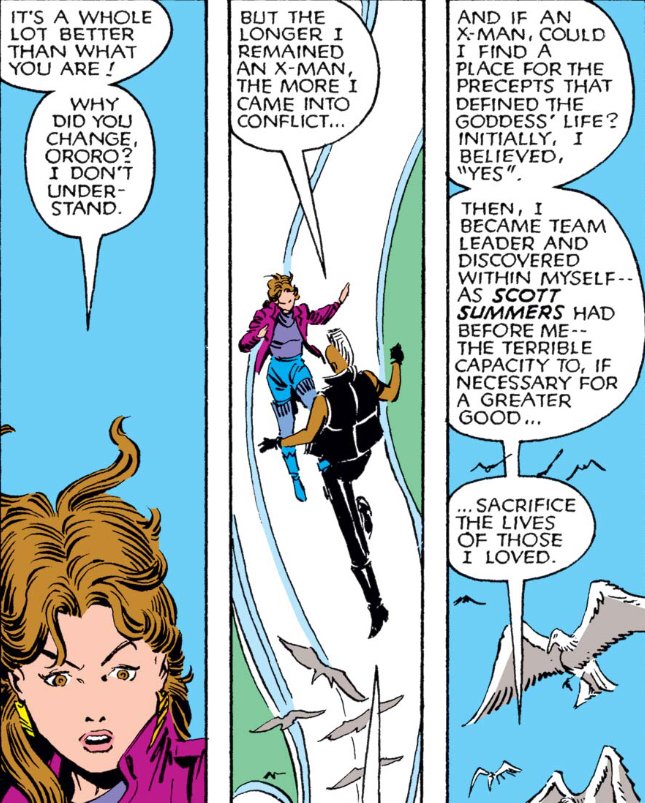 ...than it does with an overwhelming fear of change.Kitty is still trapped in that all-consuming self-centeredness of adolescence and personalizes Ororo's change in a way that makes complete sense for the character while being completely irrational.Admittedly, I am glad...