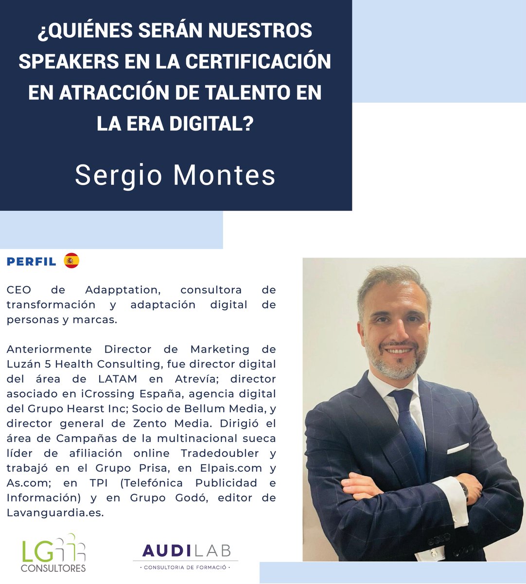 Conoce a nuestro Speaker Sergio Montes, quién hará parte de la Certificación en Atracción de Talento en la Era Digital. <a href="/AudilabFormaci/">Audilab Formació</a> 
Inscripciones: lnkd.in/e_mXnfk

#reclutamiento #centroamerica #eradigital #Colombia #Bogota #Medellin #Guatemala #Espana #Barcelona