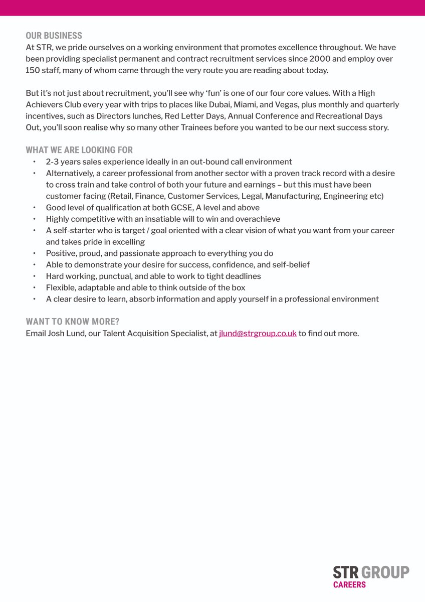 STR Group Careers (@str_group) on Twitter photo We are looking for outgoing and impressive individuals to join one of our exciting brands as a Trainee Recruitment Consultant.
Please email Josh Lund, our Talent Acquisition Specialist, at jlund@strgroup.co.uk to find out more.
#JoinThePack #WeAreSTR #Vacancy #Recruitment We are looking for outgoing and impressive individuals to join one of our exciting brands as a Trainee Recruitment Consultant.
Please email Josh Lund, our Talent Acquisition Specialist, at jlund@strgroup.co.uk to find out more.
#JoinThePack #WeAreSTR #Vacancy #Recruitment