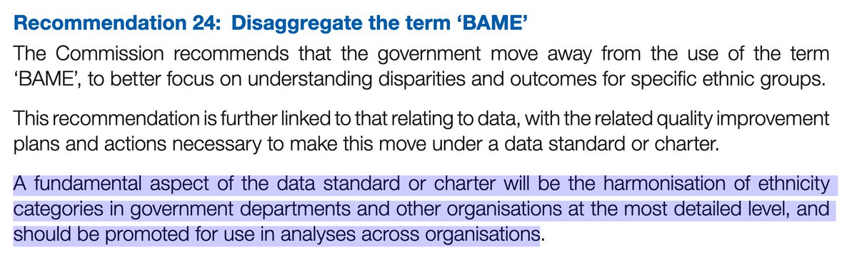 The report recommends dispensing with the BAME category and replacing it with a new ‘data standard or charter’ and recording ethnicity categories ‘at the most detailed level’.