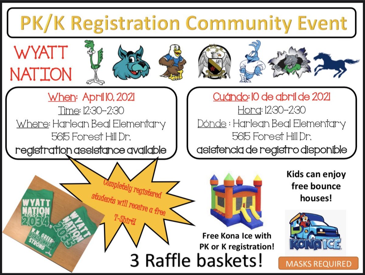 Come out to the O. D. Wyatt Pyramid's PreK/K Registration Community Event Saturday, April 10 from 12:30 to 2:30 at Harlean Beal Elementary School. 
#FWISD #ODWyattPyramid #PreK #Kindergarten #Community #RegistrationAssistance