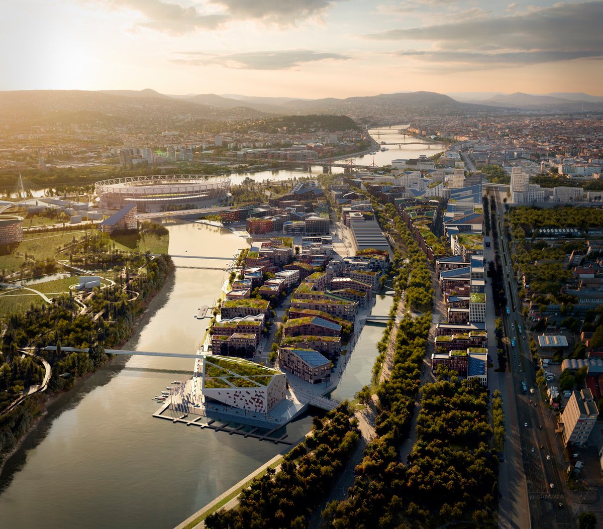 Have a look at Snøhetta's proposal for a new city district on a brownfield site in the Hungarian capital of Budapest! Designed for density, this urban vision creates a distinct identity for the new vibrant urban quarter in direct relation to the river. snohetta.com/project/543-bu…