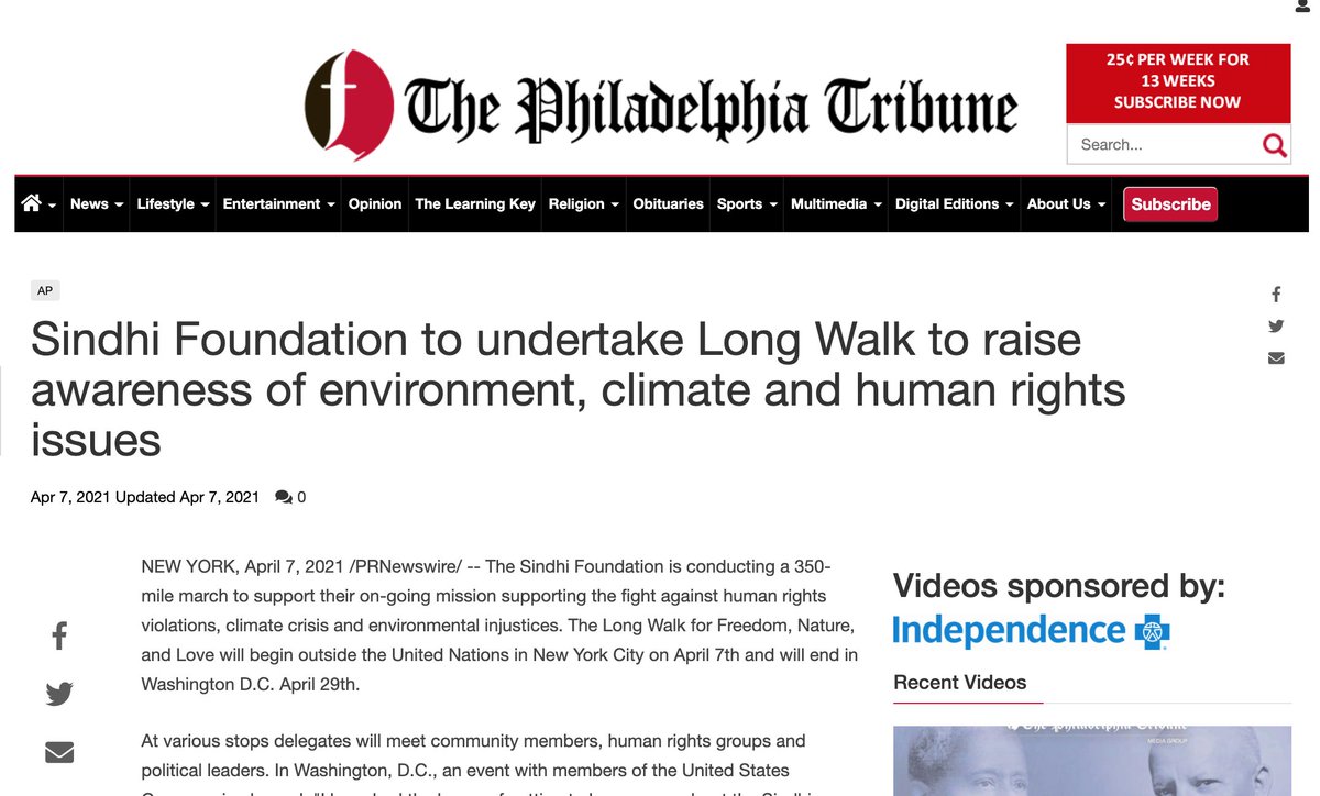 SindhiFDN's tweet photo. We are immensely excited to have been featured in the Philadelphia Tribune. Please, visit our website for more information on the Long Walk for Freedom, Nature, and Love. https://t.co/cihF8KUN8r https://t.co/IJRa7lxozx