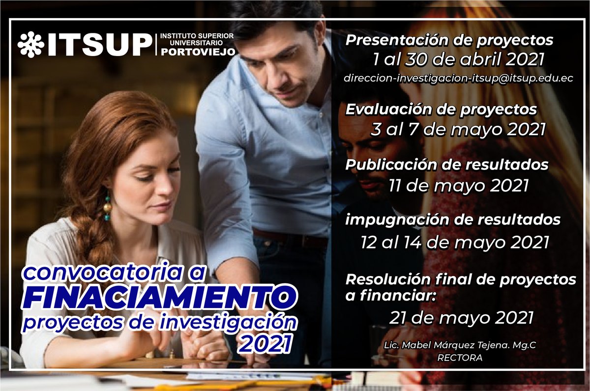 IAcreditado's tweet photo. La Comisión de Investigación del Instituto Superior Universitario Portoviejo, abre la convocatoria 2021 para la presentación de proyectos de investigación  La convocatoria estará abierta del 31 de marzo al 30 de abril de 2021. https://t.co/soJfPM9nmj