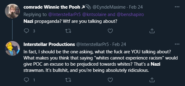 The 1st image he is defending his position that nazis have to first kill someone and calling what Xanderhal did "calling us on our bullshit" when in other tweets he's clearly cognizant of nazi behavior and dogwhistles, & Xan is crying a reverse racism narrative rn 6/