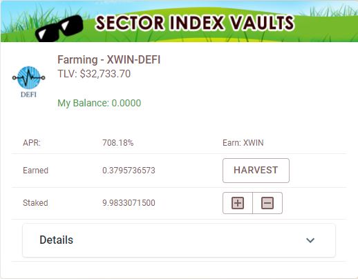 4) Instead of just holding Index Vault Tokens you can farm them. Go to Farming Tab on our website and choose specific Farming Vault (in this case "Farming - XWIN-DEFI"). There you can stake your XWIN-DEFI token to earn additional  $XWIN with APR of 708% https://xwin.finance/farming 