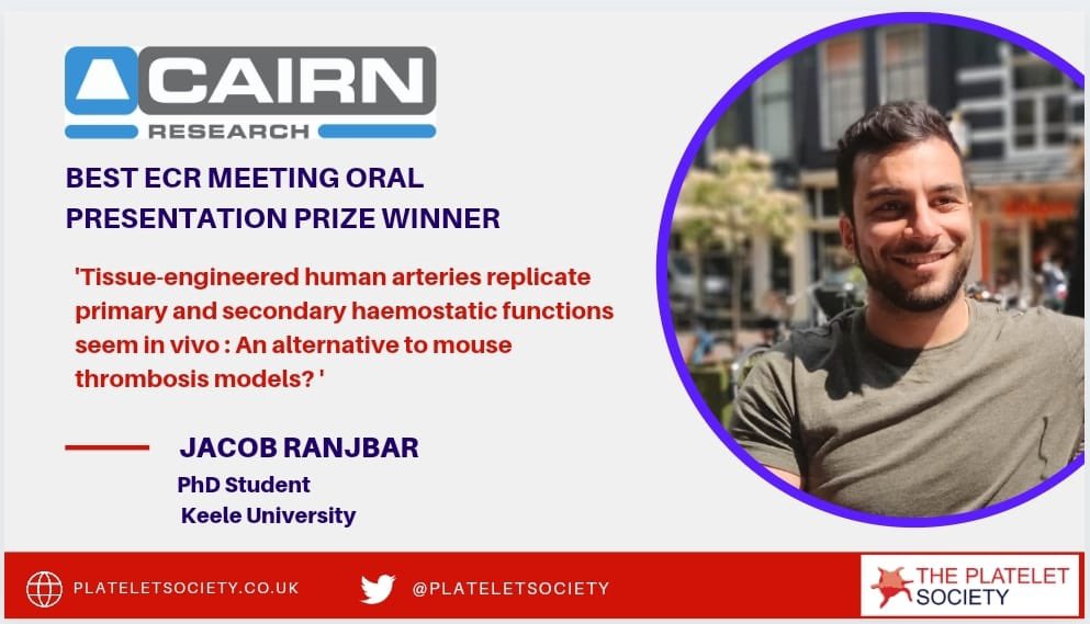 First up  @JacobRanjbar won the  @Cairn_Research best oral presentation with his talk on tissue-engineered human arteries.  #PlateletECR