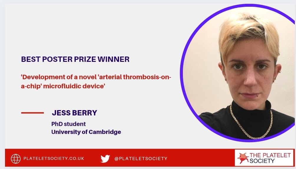 Joint winners of the  @plateletsociety poster prize were @_bethology for her work on acute coronary heart disease and platelet function.Jess Berry from  @HarperLabCam is working on developing novel thrombosis on a chip micro fluidic device.  #PlateletECR