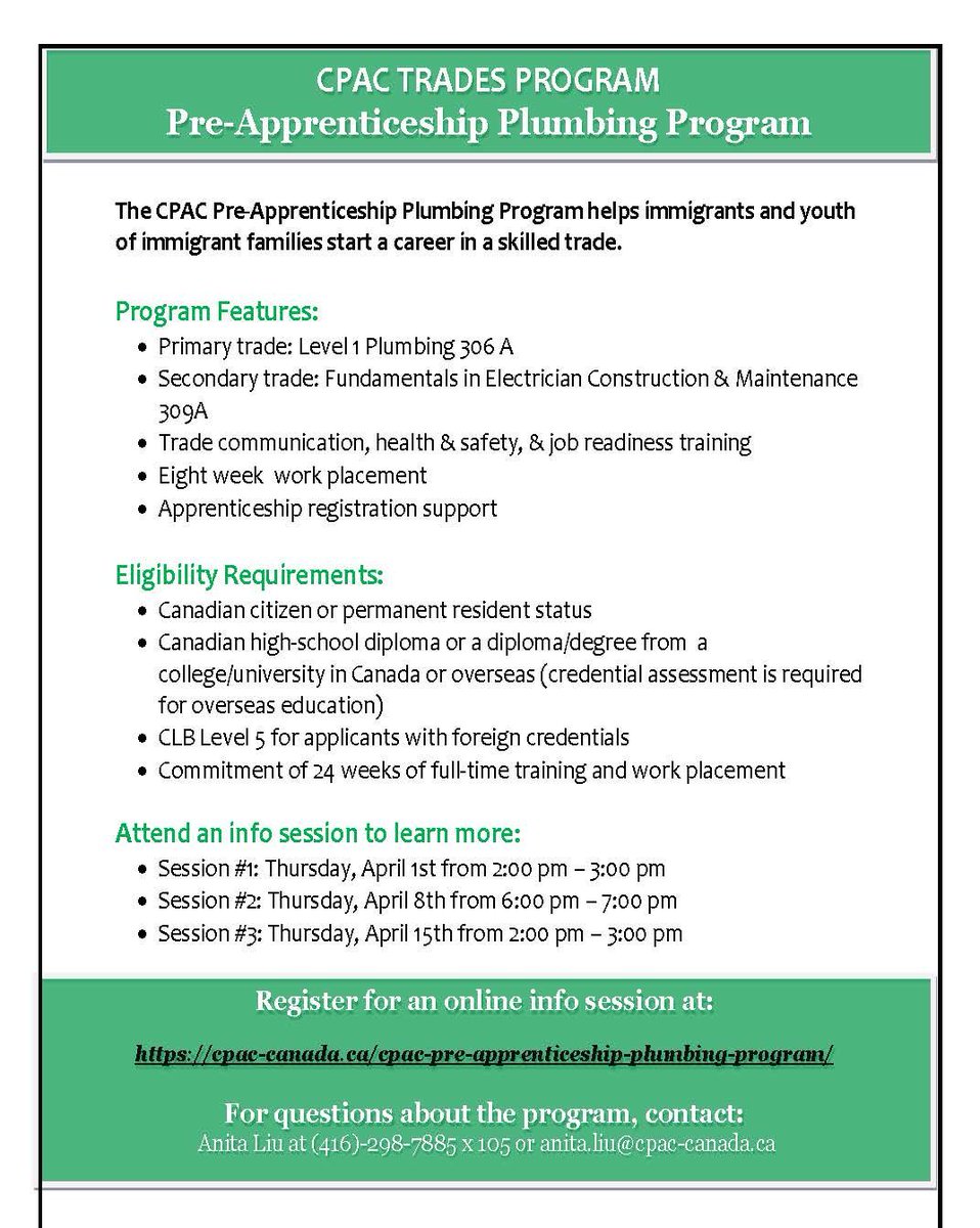 mnsearlyon's tweet image. The CPAC Pre-Apprenticeship Plumbing Program helps immigrants and youth
of immigrant families start a career in a skilled trade.
#plumbingprogram #earlyonpeel #earlyon #workplacement #cpactrades #plumbingjob #durhamcollege #cpac #apprentice