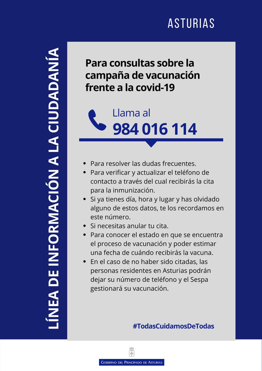 #covid19 | #Asturias
💉<a href="/astursalud/">Consejería de Salud</a> habilita el ☎️ 984 016 114 para ofrecer información a la ciudadanía sobre la campaña de #vacunación.
🔹Sistema automatizado para resolver dudas frecuentes.
🔹Verificación y actualización de teléfono de contacto.
